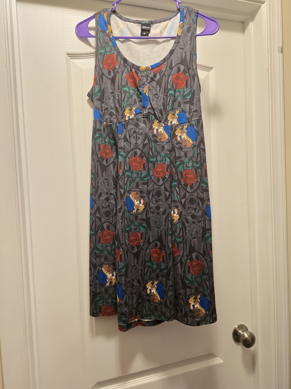 Disney Gray Sleeveless Dress with Red Roses and Blue Belle Medallions